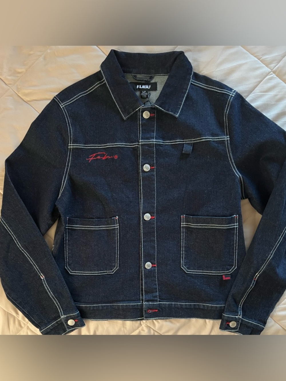 FUBU Classic Denim Jacket Dark Wash Embroidered Logo Women’s Size Small BNWT